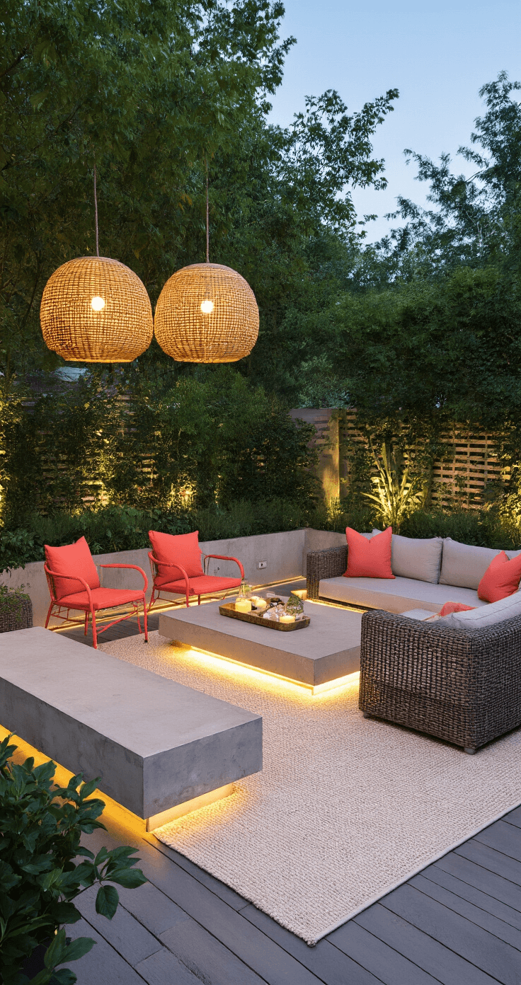 Incredible Garden Seating Ideas: Transform Your Outdoor Space into a Relaxing Oasis A twilight garden lounge featuring a mixed seating arrangement with coral vintage metal chairs, a contemporary concrete bench with LED lighting, and a weathered gray modular rattan sectional, all set on an ivory outdoor rug and illuminated by oversized rattan pendant lights.