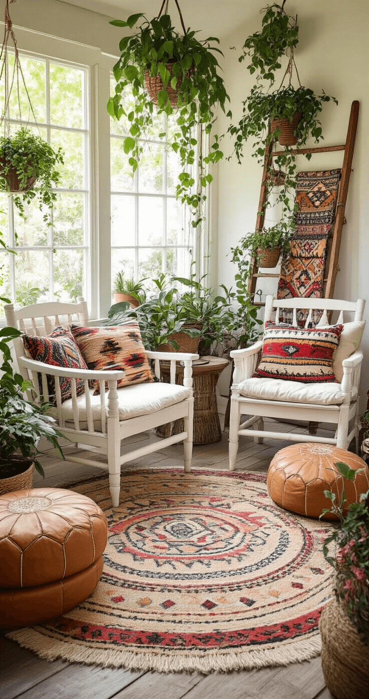 Incredible Garden Seating Ideas: Transform Your Outdoor Space into a Relaxing Oasis A cozy bohemian garden nook featuring thrifted white-painted wooden armchairs with colorful kilim cushions, a reclaimed ladder plant stand with trailing plants, and tan leather Moroccan poufs, all styled eclectically in a mid-morning setting.
