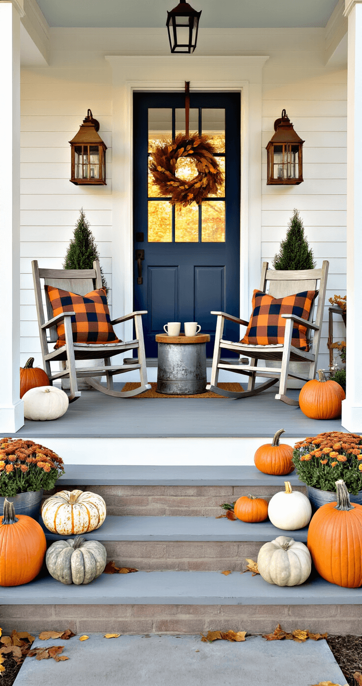 Fall Decor: Create a Cozy Autumn Haven in Your Home A charming front porch embracing fall, featuring white railings, a gray floor, weathered rocking chairs with plaid pillows, rustic lanterns, a deep navy door, and a cascade of colorful pumpkins, all illuminated by warm golden hour light.