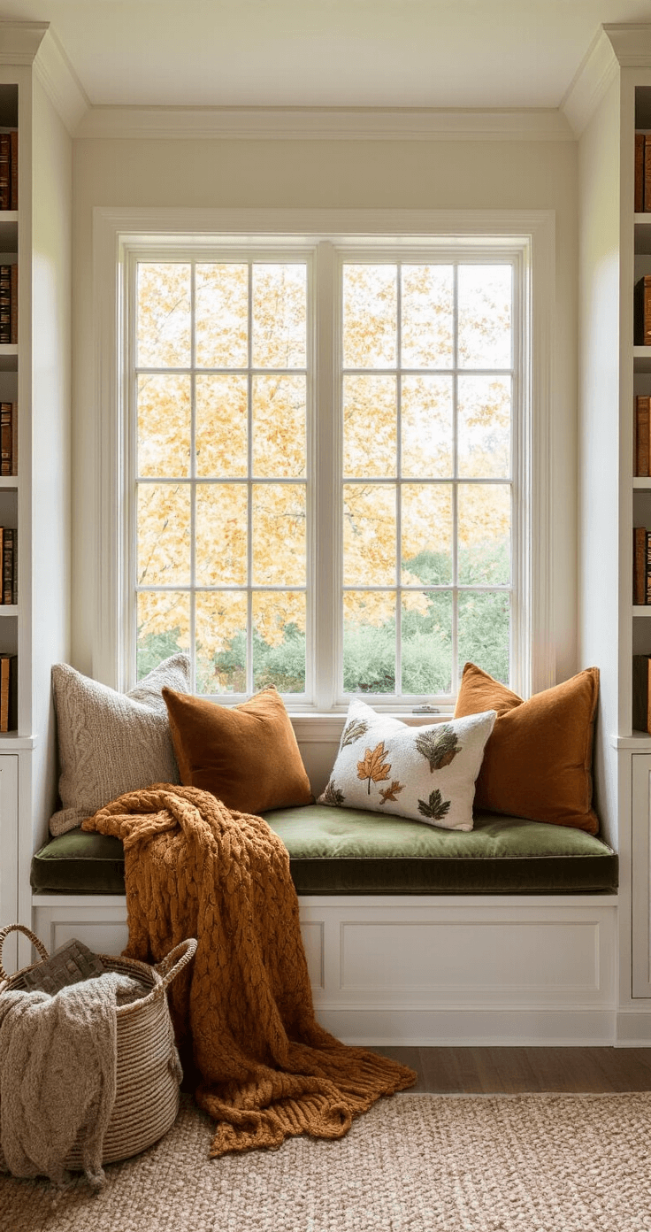 Fall Decor: Create a Cozy Autumn Haven in Your Home A cozy fall reading nook in a sunlit alcove, featuring a plush olive green velvet window seat adorned with autumn-themed pillows, a caramel cable-knit throw, shelves with vintage books, ceramic pumpkins, and a frosted glass vase filled with dried wheat and leaves.