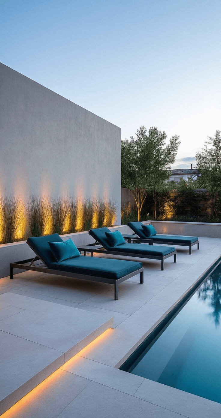 Incredible Garden Seating Ideas: Transform Your Outdoor Space into a Relaxing Oasis Contemporary poolside terrace at blue hour featuring aluminum frame loungers with charcoal mesh and deep teal pillows, surrounded by concrete planters with grasses and illuminated by cool-toned landscape lighting, reflecting in the pool.