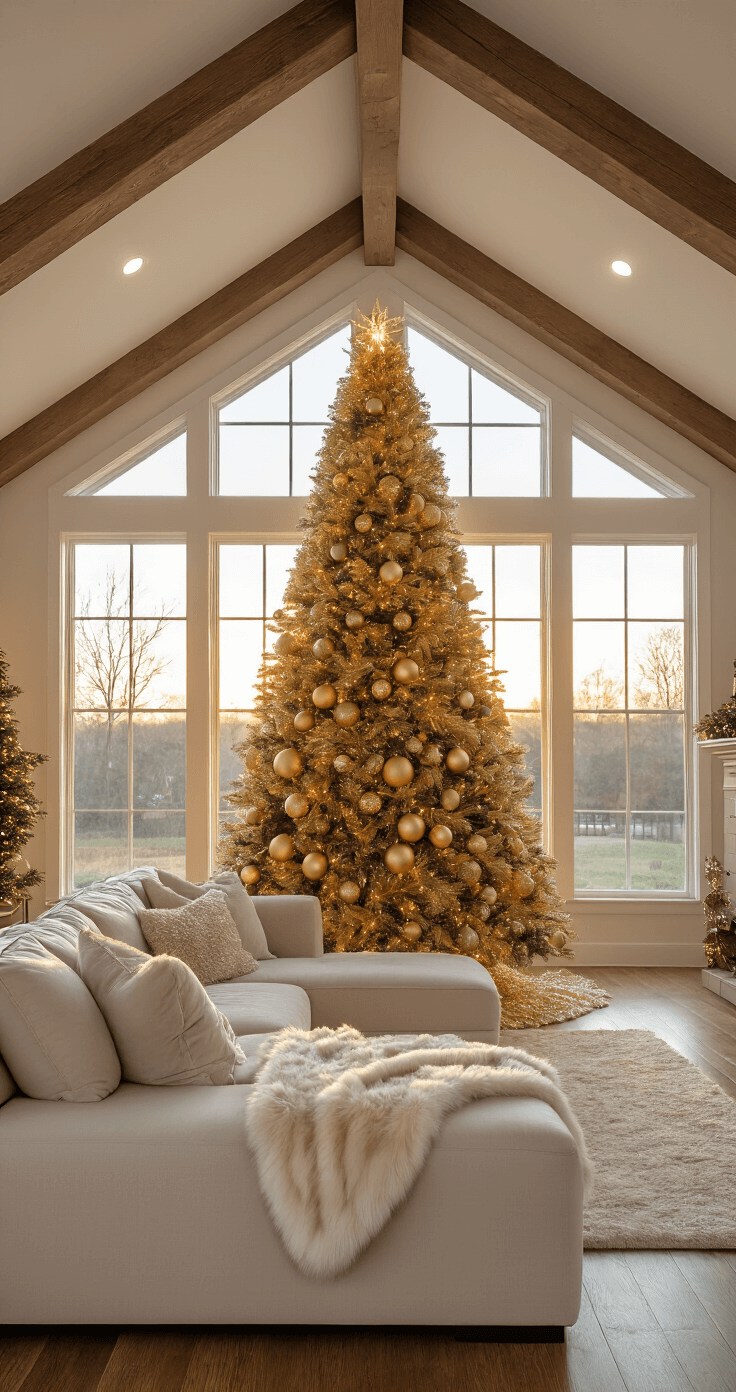 Deck the Halls: The Ultimate Guide to 2025 Christmas Tree Decorations Cozy living room with vaulted ceilings, featuring a 9-foot Christmas tree adorned with glimmering gold and bronze ornaments, complemented by a plush sectional sofa and warm afternoon light streaming through bay windows.