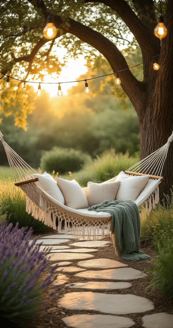 Elevate Your Outdoor Space: The Ultimate Garden Hammock Decor Guide A serene garden corner at golden hour with a white rope hammock between oak trees, stone pathway leading to it, vintage Edison bulb string lights above, cream-colored cushions, a sage green knit throw, and surrounding lavender and ornamental grasses, all captured with dreamy bokeh in warm evening light.