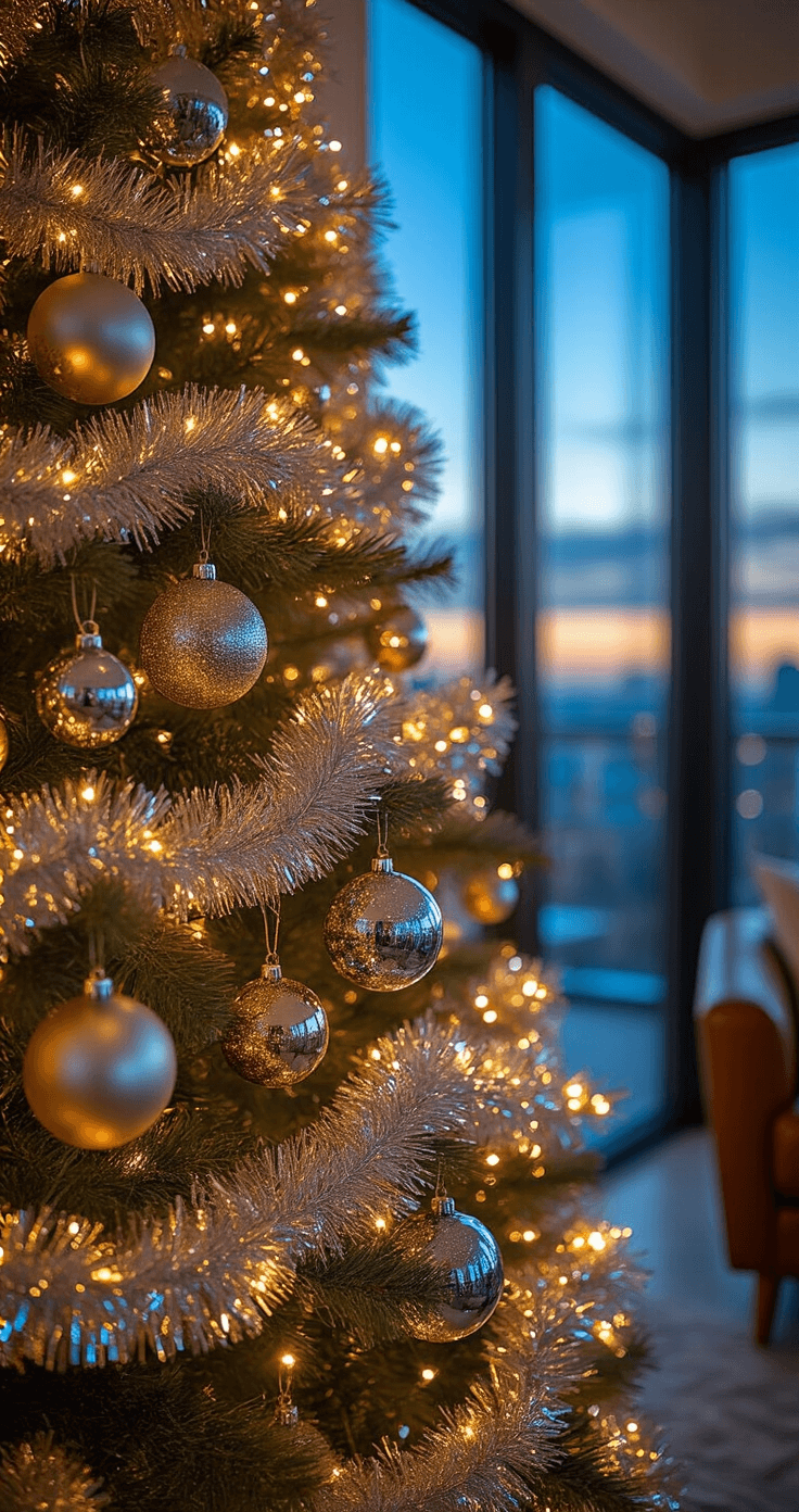Deck the Halls: The Ultimate Guide to 2025 Christmas Tree Decorations Close-up view of a 7-foot Fraser fir Christmas tree section, featuring shimmering silver and gold tinsel layered intricately, with vintage glass ornaments nestled among the tinsel. The scene is illuminated by warm interior lights, contrasted by a blue twilight glow from floor-to-ceiling windows, highlighting the disco ball effect of the tinsel. A sleek leather armchair is visible in the periphery, reflecting mid-century modern decor.