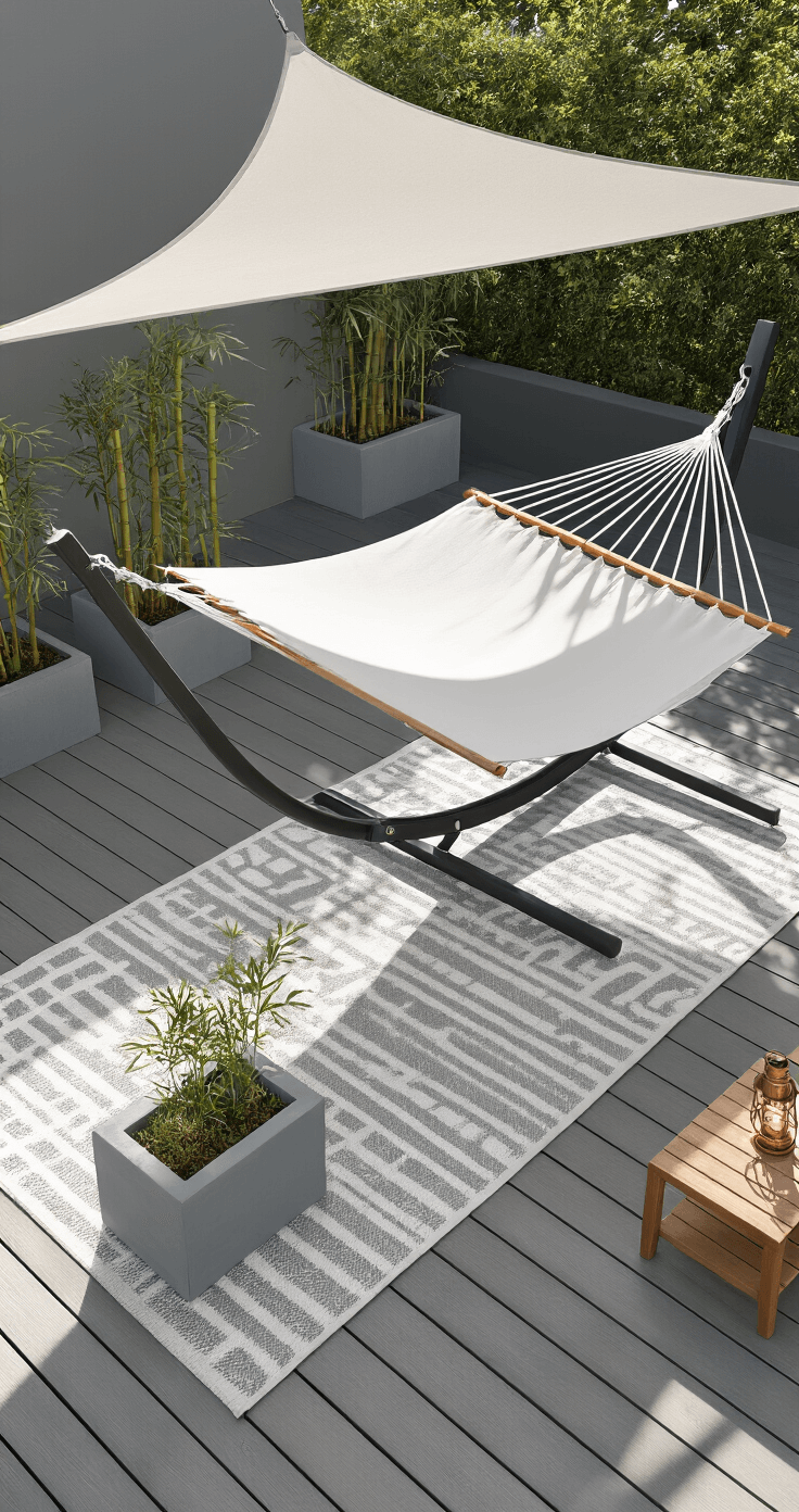 Elevate Your Outdoor Space: The Ultimate Garden Hammock Decor Guide Modern minimalist deck setup featuring a charcoal gray hammock stand with a white canvas hammock on composite decking. Rectangular concrete planters with bamboo enhance clean lines, while a teak side table holds a copper lantern. A geometric gray and white outdoor rug anchors the space, captured from above at a 45-degree angle with strong shadows and diffused natural light from a shade sail.