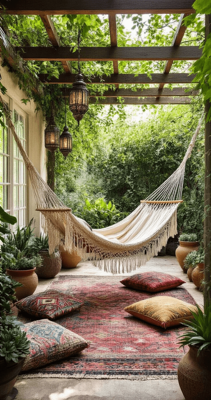 Elevate Your Outdoor Space: The Ultimate Garden Hammock Decor Guide A low angle view of a bohemian garden hideaway featuring a macramé hammock with intricate fringe, suspended in a pergola adorned with climbing jasmine. Below, jewel-toned Moroccan-inspired floor cushions are scattered on a vintage kilim rug, surrounded by mixed metal lanterns and a collection of clay pots displaying succulents, all bathed in soft natural light.