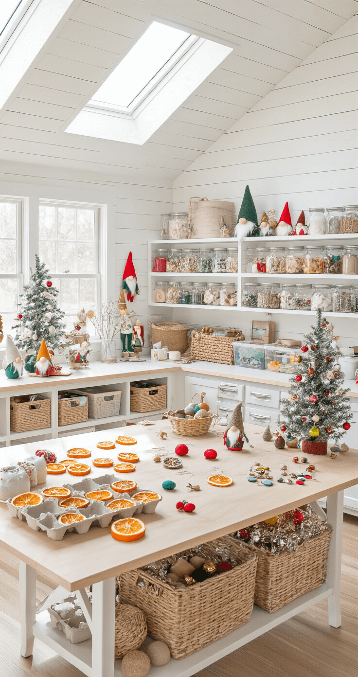 Deck the Halls: The Ultimate Guide to 2025 Christmas Tree Decorations A bright and airy craft room with white shiplap walls and a large crafting table in the center, filled with various DIY Christmas ornaments. Sunlight streams through skylights, illuminating half-painted dried orange slices, gnome ornaments, and vibrant velvet-wrapped balls. Craft supplies are organized on shelves, and a small tabletop tree showcases finished ornaments, all set on light oak flooring with a colorful braided rug.