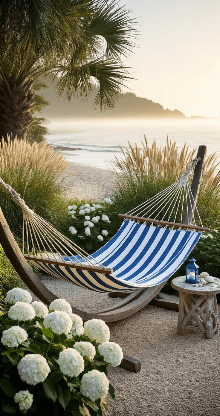 Elevate Your Outdoor Space: The Ultimate Garden Hammock Decor Guide A coastal retreat at sunrise features a double-wide canvas hammock in maritime blue and white stripes, set on a weathered wood stand in a beachside garden. Surrounded by tall ornamental grasses and white hydrangeas, nautical rope details and blue glass lanterns add accents. A bleached driftwood side table holds shell collections, with a misty ocean view in the background.