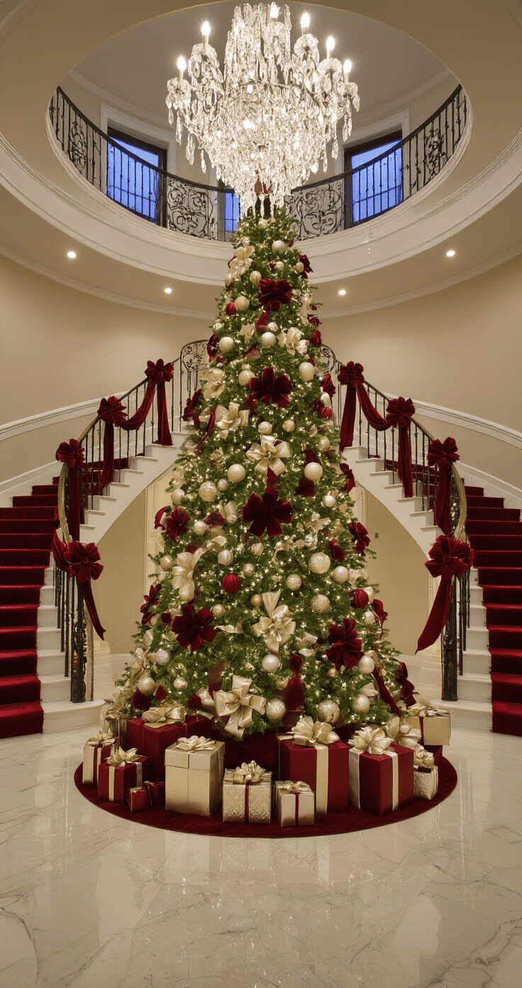 Deck the Halls: The Ultimate Guide to 2025 Christmas Tree Decorations Luxurious foyer with a sweeping staircase and 20-foot ceilings, featuring a 12-foot noble fir adorned with oversized red velvet bows and gold and silver ornaments, illuminated by warm ambient lighting from a crystal chandelier; marble flooring reflects the festive scene, highlighted by spotlights and giant gift boxes wrapped in metallic paper.