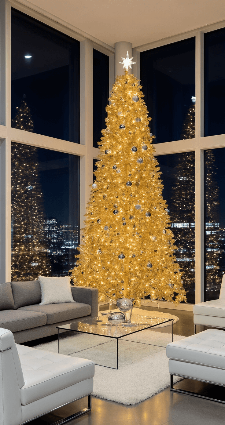 Deck the Halls: The Ultimate Guide to 2025 Christmas Tree Decorations Contemporary open-concept living area with floor-to-ceiling windows showcasing a nighttime city skyline, featuring a 7-foot pre-lit gold artificial tree adorned with clear glass and mirrored ornaments, surrounded by modern neutral-toned furniture, illuminated by the tree's warm glow and subtle accent lighting.