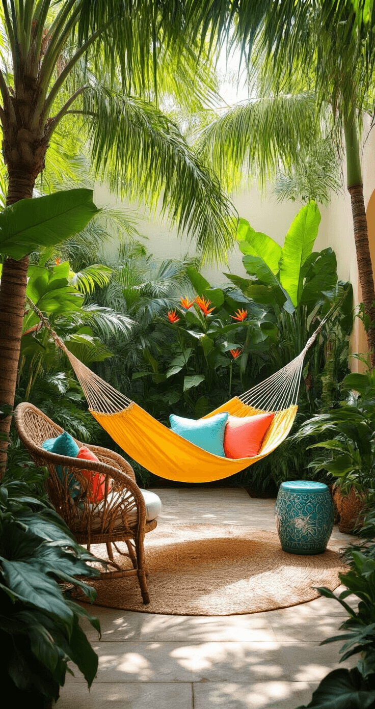 Elevate Your Outdoor Space: The Ultimate Garden Hammock Decor Guide A vibrant yellow hammock hangs between palm trees in a lush tropical courtyard, surrounded by bird of paradise and monstera plants. A rattan peacock chair and ceramic garden stool complement the turquoise and coral outdoor pillows. The image is captured from ground level, showcasing dappled sunlight filtering through the palm fronds.
