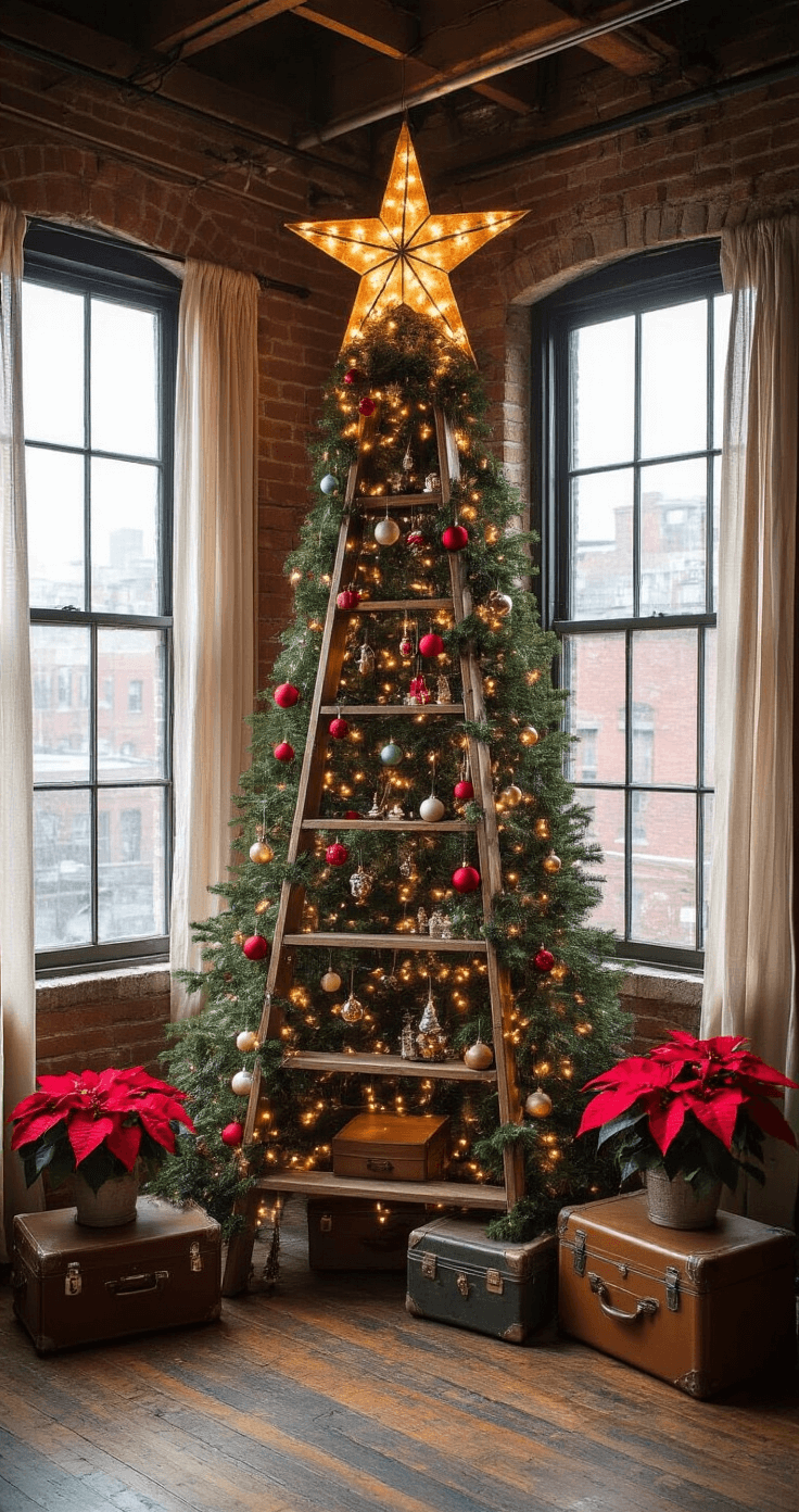 Deck the Halls: The Ultimate Guide to 2025 Christmas Tree Decorations An eclectic loft space featuring exposed brick walls and industrial-style windows, illuminated by soft afternoon light. A 6-foot wooden ladder serves as a unique Christmas display draped with garlands of lights and colorful ornaments, topped with a reclaimed wood star adorned with fairy lights. Vintage suitcases hold smaller ornament displays and potted poinsettias surround the ladder. The weathered hardwood floor is partly covered by a colorful patchwork rug, captured from a slightly upward angle to emphasize the ladder-tree.