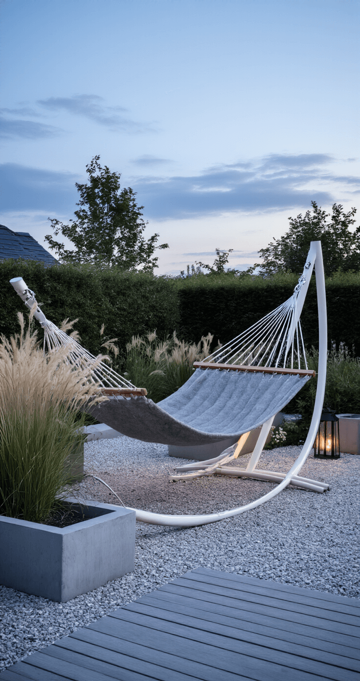 Elevate Your Outdoor Space: The Ultimate Garden Hammock Decor Guide A serene Scandinavian minimal garden at twilight featuring a white metal hammock stand with a gray wool-blend hammock, surrounded by gravel and clean-lined concrete planters filled with ornamental grasses and white flowering perennials. Minimalist black metal lanterns are placed throughout, and pale wooden deck tiles form a pathway, all beautifully illuminated during blue hour with cool tones accentuating the architectural features.