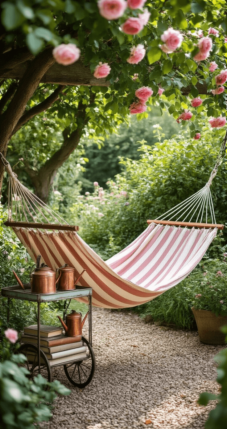 Elevate Your Outdoor Space: The Ultimate Garden Hammock Decor Guide A vintage striped hammock hung between ancient apple trees in a cottage garden, framed by climbing roses and clematis, with a distressed metal tea cart holding gardening books and a copper watering can, all bathed in soft morning light.