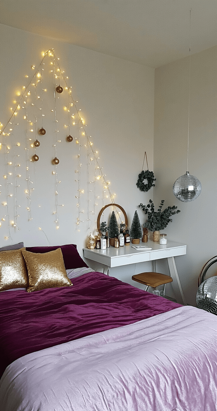 Christmas Decor Trends 2025: Expressive Individuality Meets Modern Glam A compact studio apartment with an open floor plan, featuring a wall-mounted 'tree' of twinkling fairy lights, a small writing desk with decorative elements, a plush plum bed with gold accents, and a disco ball casting light, all illuminated by morning light in a minimalist color scheme of white, gold, and deep purple.