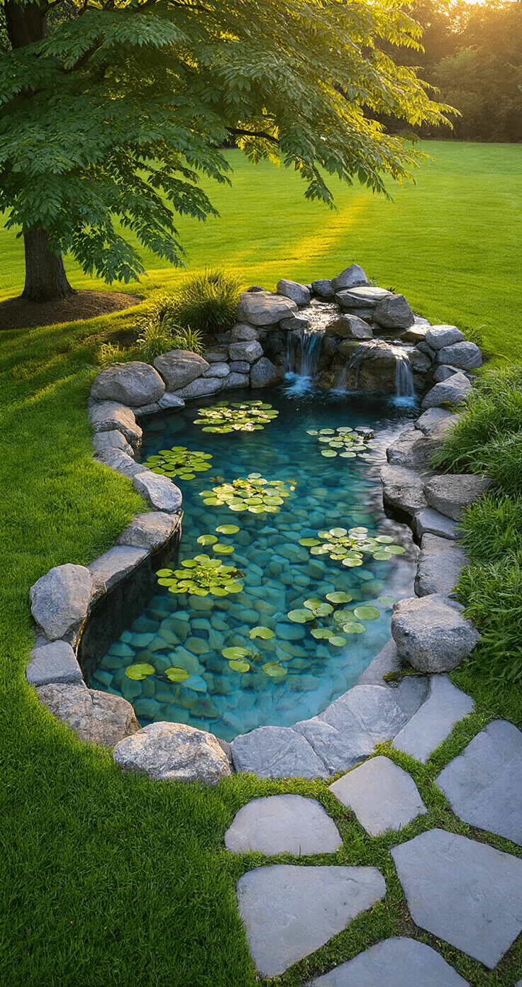 Transform Your Garden with Mesmerizing Water Features: A Comprehensive Guide A serene pond at golden hour, showcasing crystal-clear water with blue tones, bordered by natural stone and water lilies. A three-tier rock waterfall with moss-covered stones adds interest, while a Japanese maple offers dappled shade. The camera captures the scene from the pond edge, emphasizing the waterfall and surrounding natural path.