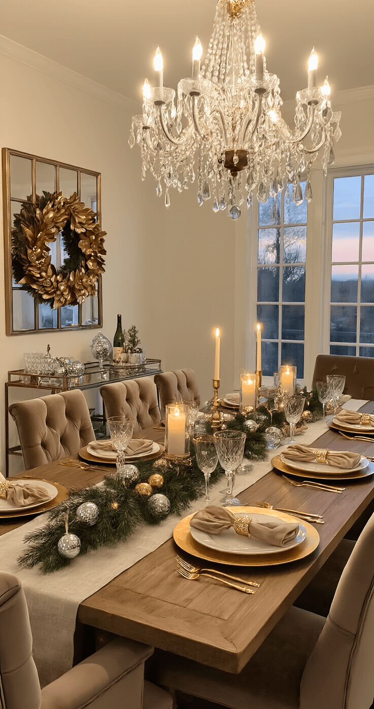 Christmas Decor Trends 2025: Expressive Individuality Meets Modern Glam Elegant dining room at dusk with a long farmhouse table set for dinner, featuring gold chargers, crystal stemware, and a festive garland of fresh pine with LED candles and disco ball ornaments. A magnolia wreath hangs above an oversized mirror, and velvet chairs in Mocha Mousse complement the warm wood tones. A metallic-accented bar cart adds to the ambiance, all in a palette of warm neutrals, gold, and deep green.
