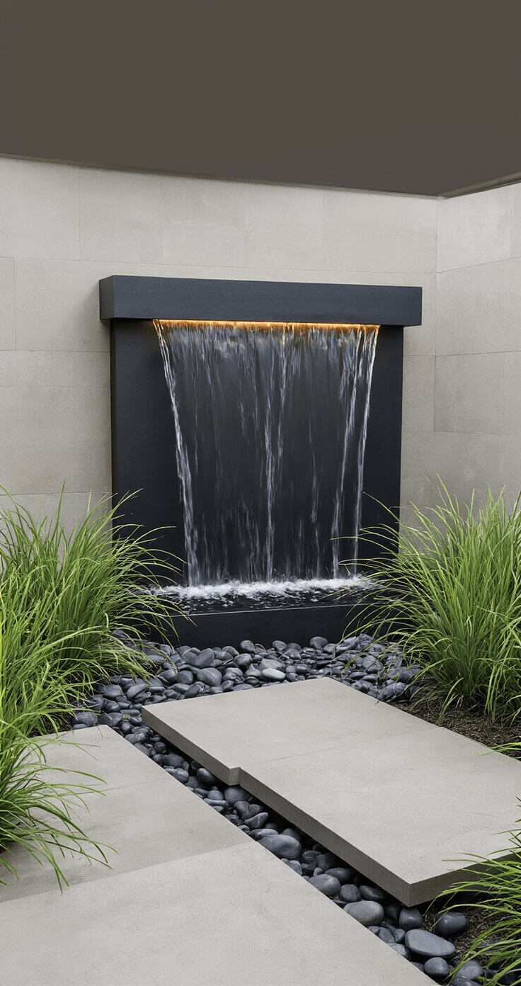 Transform Your Garden with Mesmerizing Water Features: A Comprehensive Guide A modern pondless waterfall features a three-foot slate wall with a black water curtain cascading into a river rock bed, accented by geometric concrete steppers and architectural grasses, all captured from a slight elevation to showcase the water movement and illuminated by LED strips.