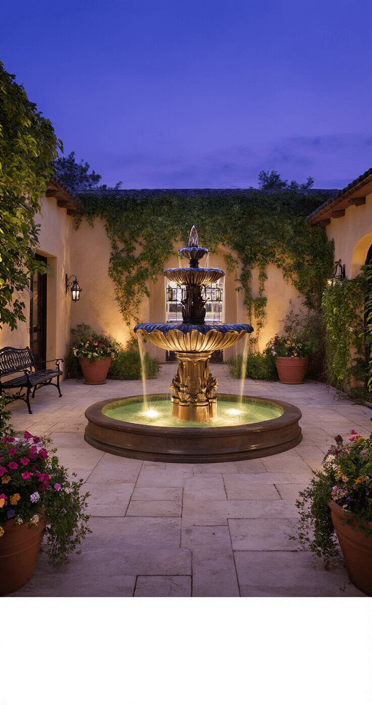Transform Your Garden with Mesmerizing Water Features: A Comprehensive Guide A three-tier aged copper fountain with verdigris patina sits centered in a limestone-paved courtyard at twilight, surrounded by terracotta pots filled with cascading flowers, a wrought iron bench, and climbing vines on stucco walls, silhouetted against a dusky purple sky.