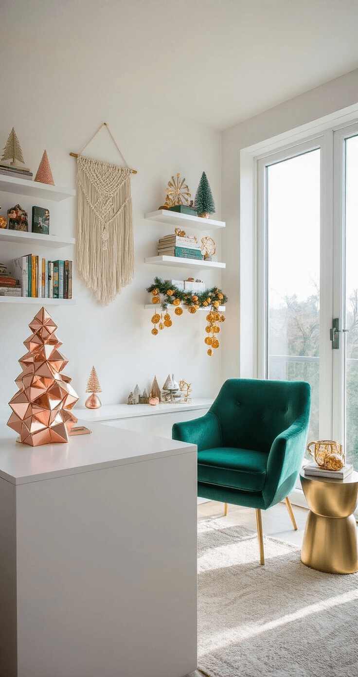 Christmas Decor Trends 2025: Expressive Individuality Meets Modern Glam Bright and airy home office featuring a minimalist desk, rose gold geometric tabletop tree, floating shelves with books and holiday decor, a cozy reading nook with an emerald velvet armchair, and a large macramé wall hanging with fairy lights, all illuminated by morning light from floor-to-ceiling windows.