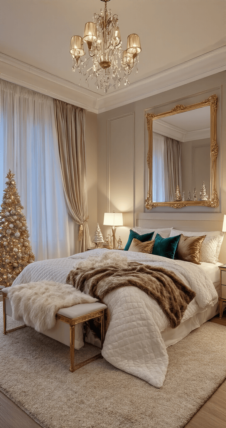 Christmas Decor Trends 2025: Expressive Individuality Meets Modern Glam Luxurious master bedroom at twilight featuring a king-size bed with a quilted white duvet, faux fur throws, and rich velvet and metallic pillows. A slim artificial tree adorned with gold ornaments stands in the corner, and a dresser with vintage mercury glass trees complements a large gold-framed mirror. Sheer curtains gently billow from floor-to-ceiling windows, creating a warm and inviting atmosphere with deep jewel tones and metallic accents.