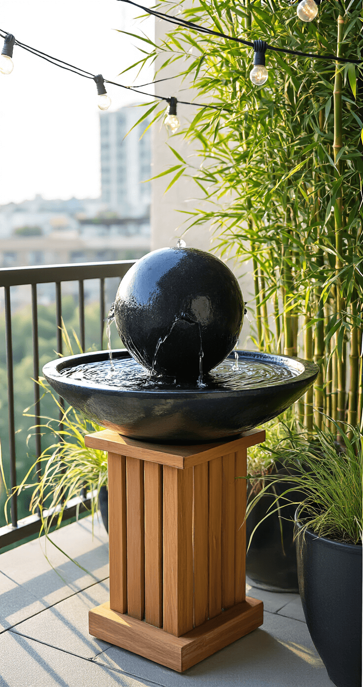 Transform Your Garden with Mesmerizing Water Features: A Comprehensive Guide Intimate urban balcony scene with a contemporary black granite sphere fountain on a teak pedestal, surrounded by a container garden of bamboo and ornamental grasses, illuminated by morning light and string lights overhead, viewed from a seated perspective to highlight its meditative quality.