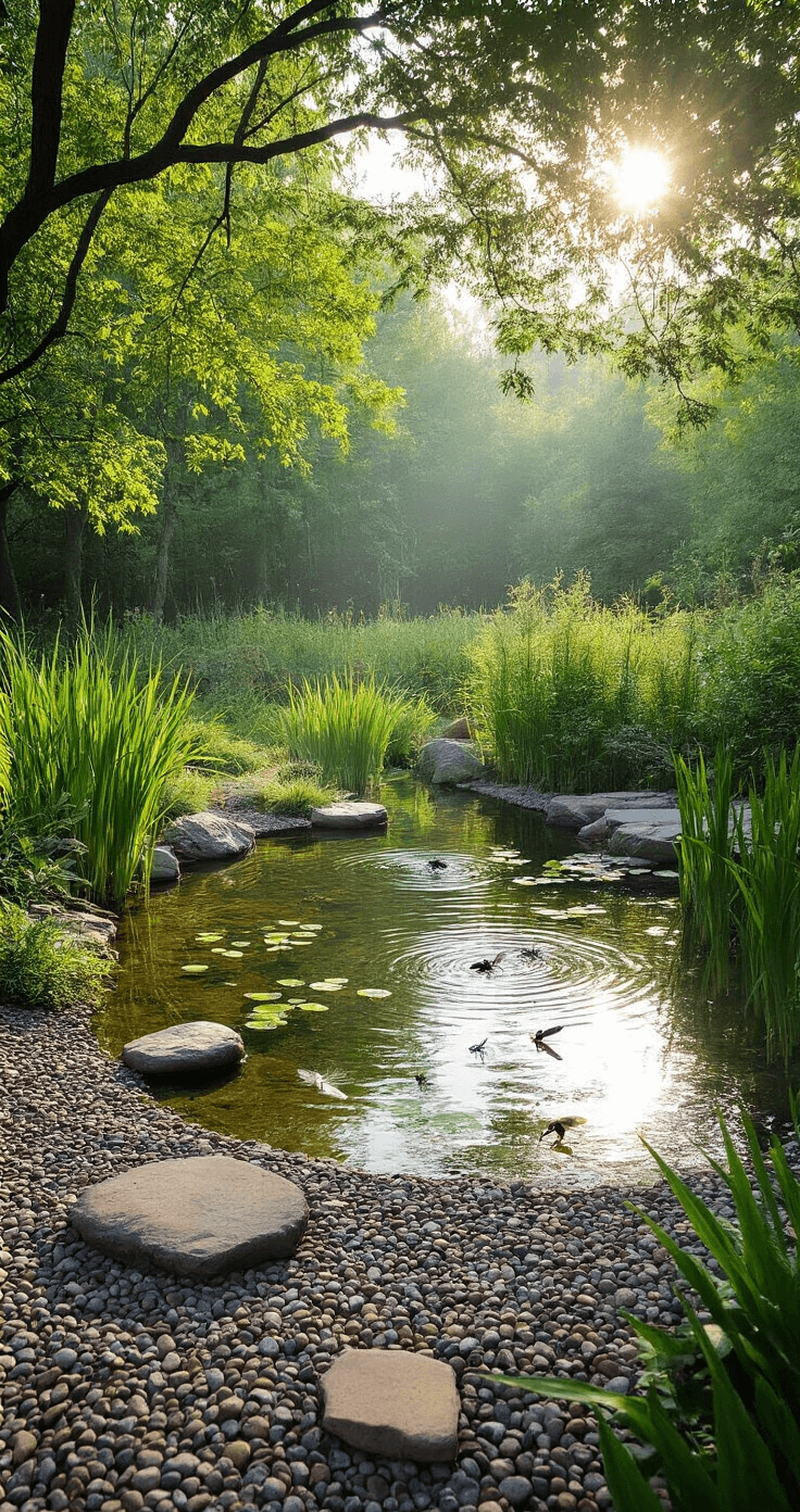 Transform Your Garden with Mesmerizing Water Features: A Comprehensive Guide A wildlife-friendly water garden featuring an 8-foot naturalistic pond with a pebble beach and native marsh plants, surrounded by flat rocks for bird perching, with dragonflies hovering above and dappled sunlight filtering through tree leaves.
