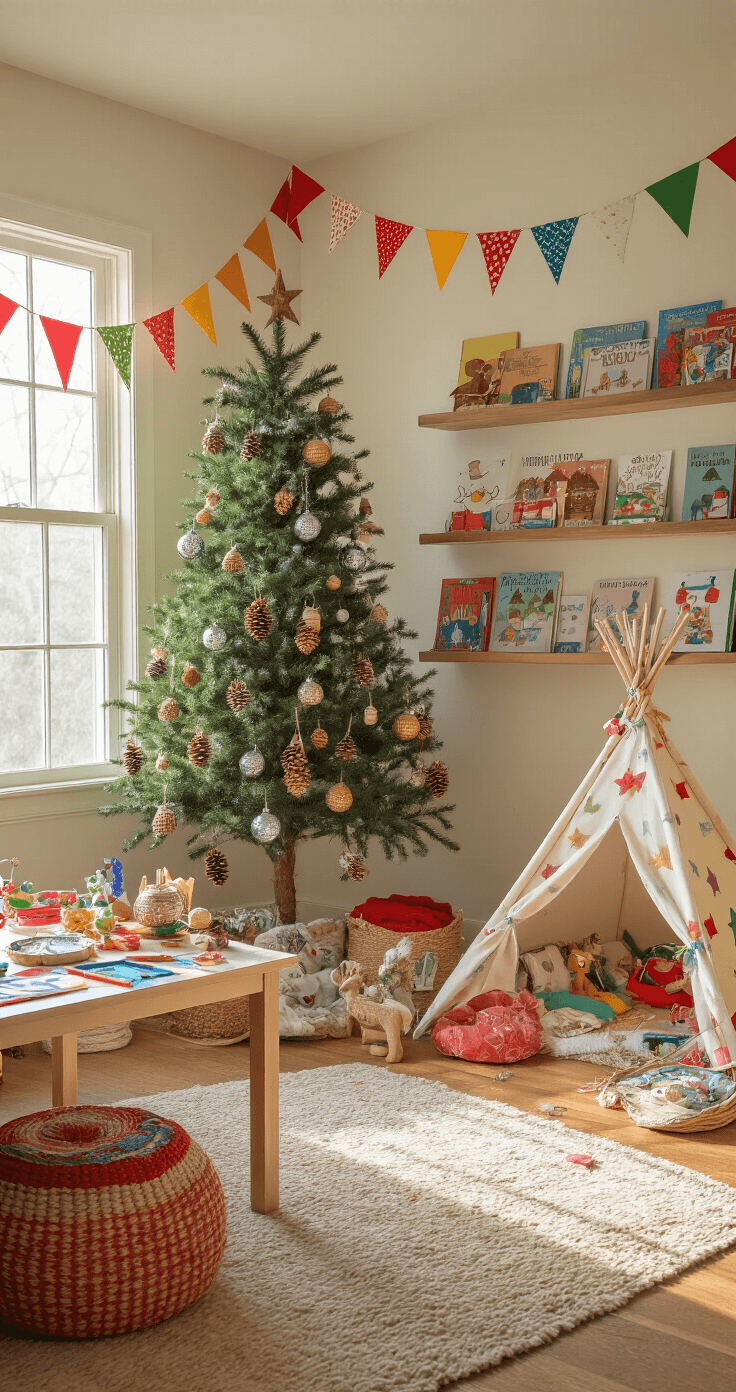 Christmas Decor Trends 2025: Expressive Individuality Meets Modern Glam A vibrant children's playroom filled with sunlight, featuring a whimsical tree decorated with handmade ornaments, colorful bunting, a cozy teepee reading nook with fairy lights, a craft table with art projects, and floating shelves with storybooks and stuffed reindeer, all captured from a child's eye level.