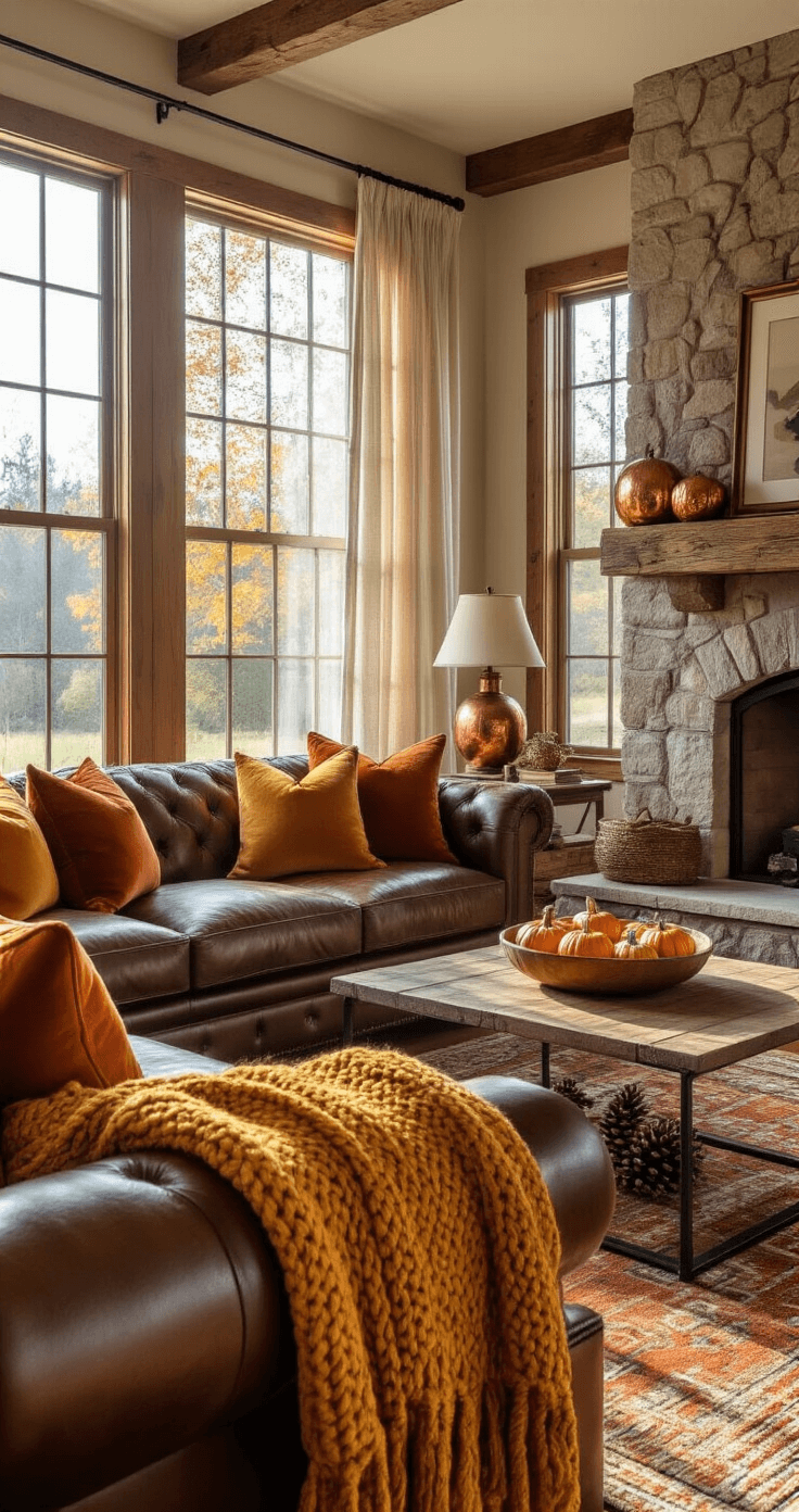 The Cozy Fall Home: Transforming Your Space for Autumn Bliss A cozy living room filled with warm, late afternoon sunlight featuring large windows with gauzy curtains, a rustic stone fireplace, a leather sofa with colorful throw pillows, a mustard yellow knit blanket, a coffee table with a pumpkin bowl and pinecones, rich brown hardwood floors, and copper accents, all captured from a wide corner angle.
