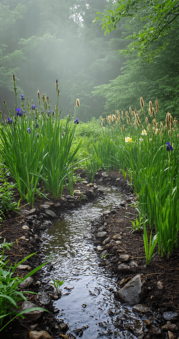 Transform Your Garden with Mesmerizing Water Features: A Comprehensive Guide Rain garden featuring a 20x10 foot depression with native iris, sedges, and rushes during light rainfall; water collecting and filtering through soil and stone layers, with morning mist rising and a natural stone swale directing water flow; atmospheric lighting accentuates water movement patterns and droplets on plants.