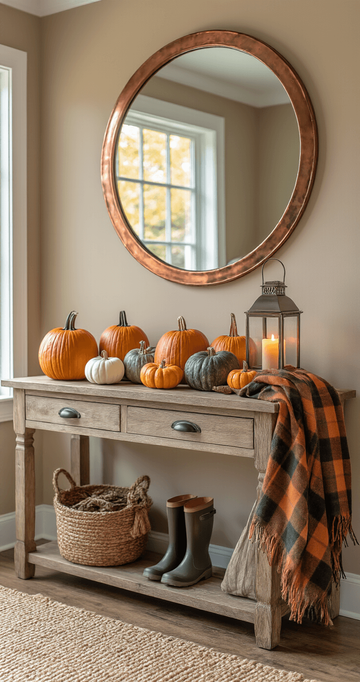 The Cozy Fall Home: Transforming Your Space for Autumn Bliss A warm and inviting entryway vignette embodying fall, featuring a rustic wooden console table against a taupe wall, adorned with pumpkins, a lantern, and a plaid scarf, all illuminated by soft natural light.