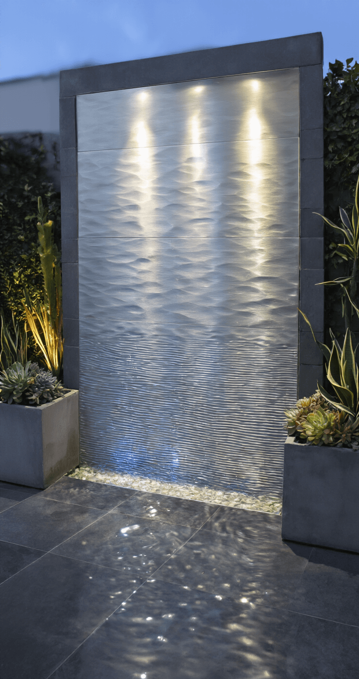 Transform Your Garden with Mesmerizing Water Features: A Comprehensive Guide A 6-foot brushed stainless steel water wall installation at dusk, featuring rippling water illuminated by color-changing LED lights, surrounded by modern concrete planters with architectural succulents, against dark grey tile flooring that reflects the water's movement.