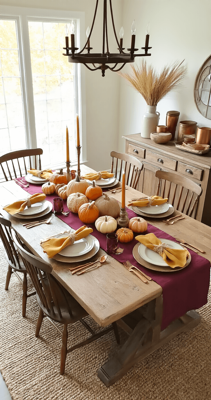 The Cozy Fall Home: Transforming Your Space for Autumn Bliss A cozy autumn dining room with a farmhouse-style table set for an intimate dinner, featuring a deep burgundy linen runner, heirloom pumpkins, candles, and wheat as a centerpiece, surrounded by copper chargers and cream stoneware plates, illuminated by a warm chandelier.