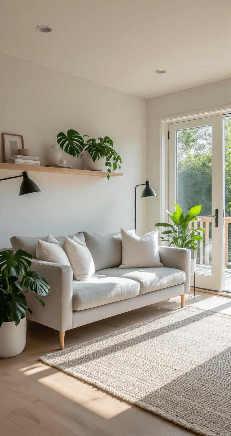 Creating the Perfect Garden Summer House: Your Ultimate Guide to Outdoor Bliss A bright, modern minimalist garden room featuring floor-to-ceiling windows, a gray linen sofa with white cushions, and potted monstera plants, capturing the essence of summer with natural light and a serene color palette.