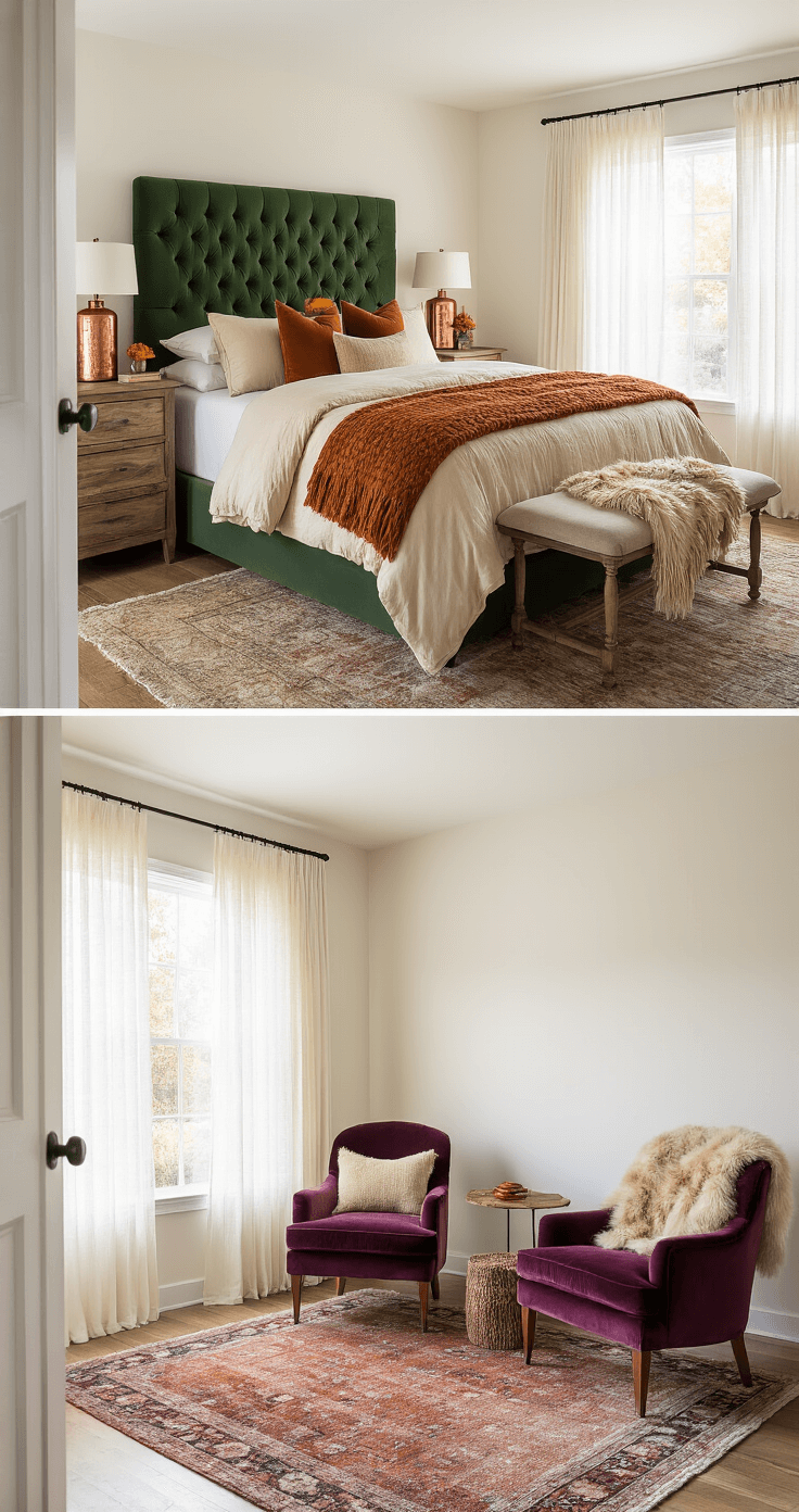 The Cozy Fall Home: Transforming Your Space for Autumn Bliss A serene fall-inspired bedroom featuring a king-size deep forest green bed with cream, rust, and golden bedding, topped with a caramel chunky knit throw. Reclaimed wood nightstands with hammered copper lamps and autumn leaf arrangements are on either side. A rich plum velvet armchair with a faux fur throw creates a cozy reading nook by the window. Sheer curtains filter warm natural light in a tranquil atmosphere, while a muted fall-toned area rug anchors the space. Wide shot from the doorway.