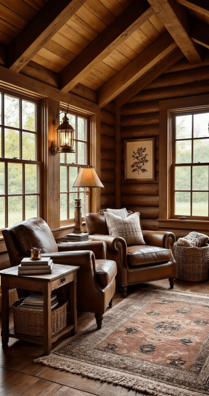 Creating the Perfect Garden Summer House: Your Ultimate Guide to Outdoor Bliss Cozy interior of a 10x12ft log cabin during golden hour, featuring exposed wooden beams, vintage brass lanterns, a leather armchair, reclaimed wood side table with books and a copper lamp, woven baskets, quilted throws, and botanical prints, with warm earth tones and soft natural backlighting from mullioned windows.