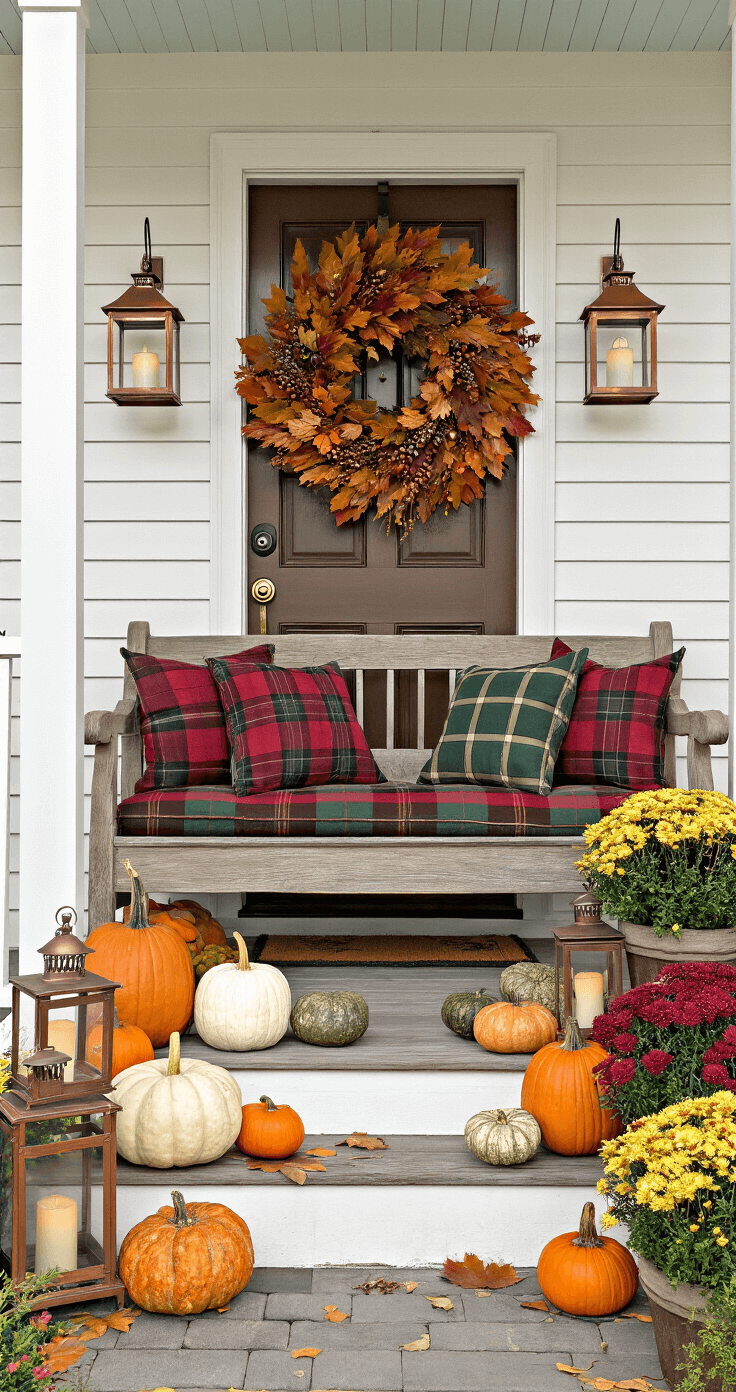 The Cozy Fall Home: Transforming Your Space for Autumn Bliss A welcoming fall porch adorned with a vintage wooden bench, plaid cushions, a variety of heirloom pumpkins, lanterns, a decorative door wreath, potted mums, and copper wind chimes, all bathed in warm late afternoon sunlight.