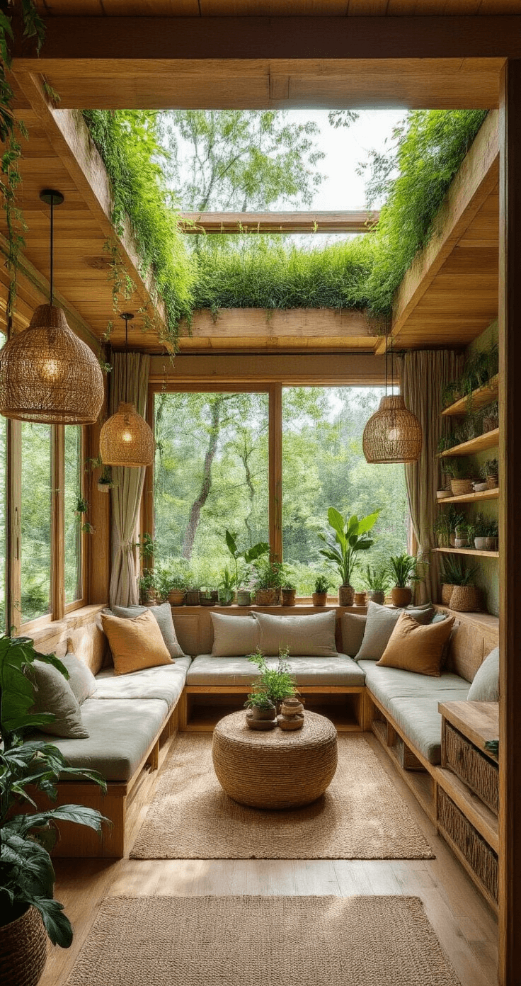 Creating the Perfect Garden Summer House: Your Ultimate Guide to Outdoor Bliss Eco-friendly summer sanctuary featuring a sustainable retreat with a living roof, bamboo flooring, recycled timber shelving with terrariums, hemp curtains, rattan pendant lights, and modular seating in earth tones, all bathed in dappled light.