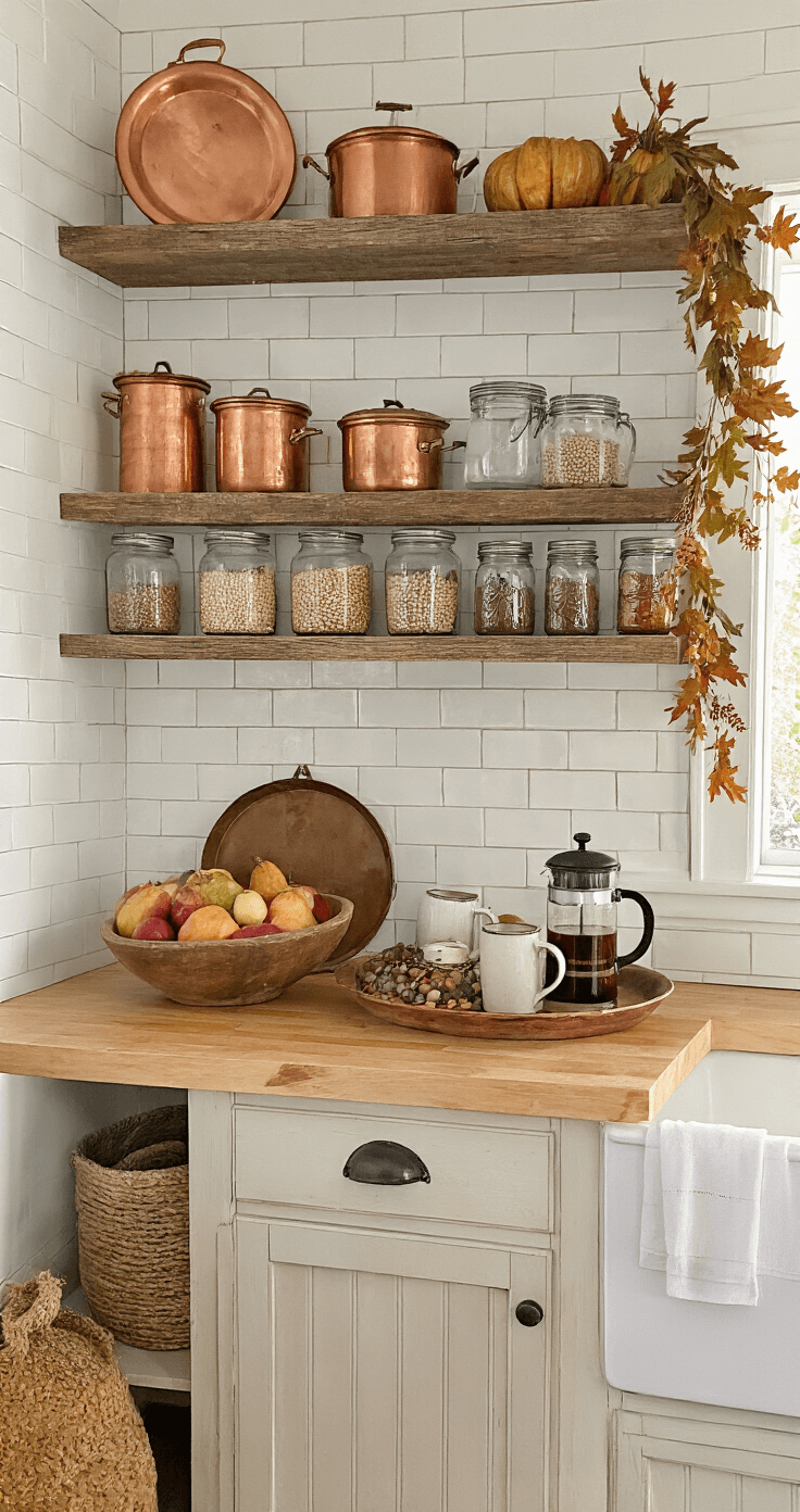 The Cozy Fall Home: Transforming Your Space for Autumn Bliss A cozy kitchen corner vignette showcasing open shelving with copper cookware and earthenware crocks, filled with dried beans and grains. A wooden bowl brimming with apples, pears, and mini pumpkins sits on a butcher block island topped with a rustic tray holding a French press and mugs. Dried herbs and a preserved leaf garland add seasonal charm, all illuminated by bright natural light.
