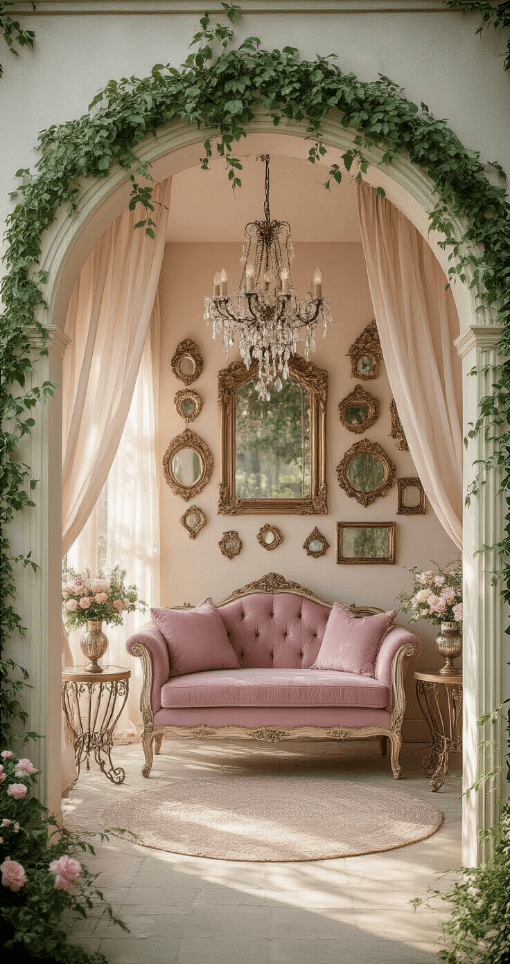 Creating the Perfect Garden Summer House: Your Ultimate Guide to Outdoor Bliss A whimsical garden studio featuring an arched ivy-covered doorway, vintage chandelier, dusty rose velvet loveseat, and a gallery wall of gilded mirrors, all bathed in soft morning light with a dreamy color palette of blush pink, pearl, aged gold, and lavender.