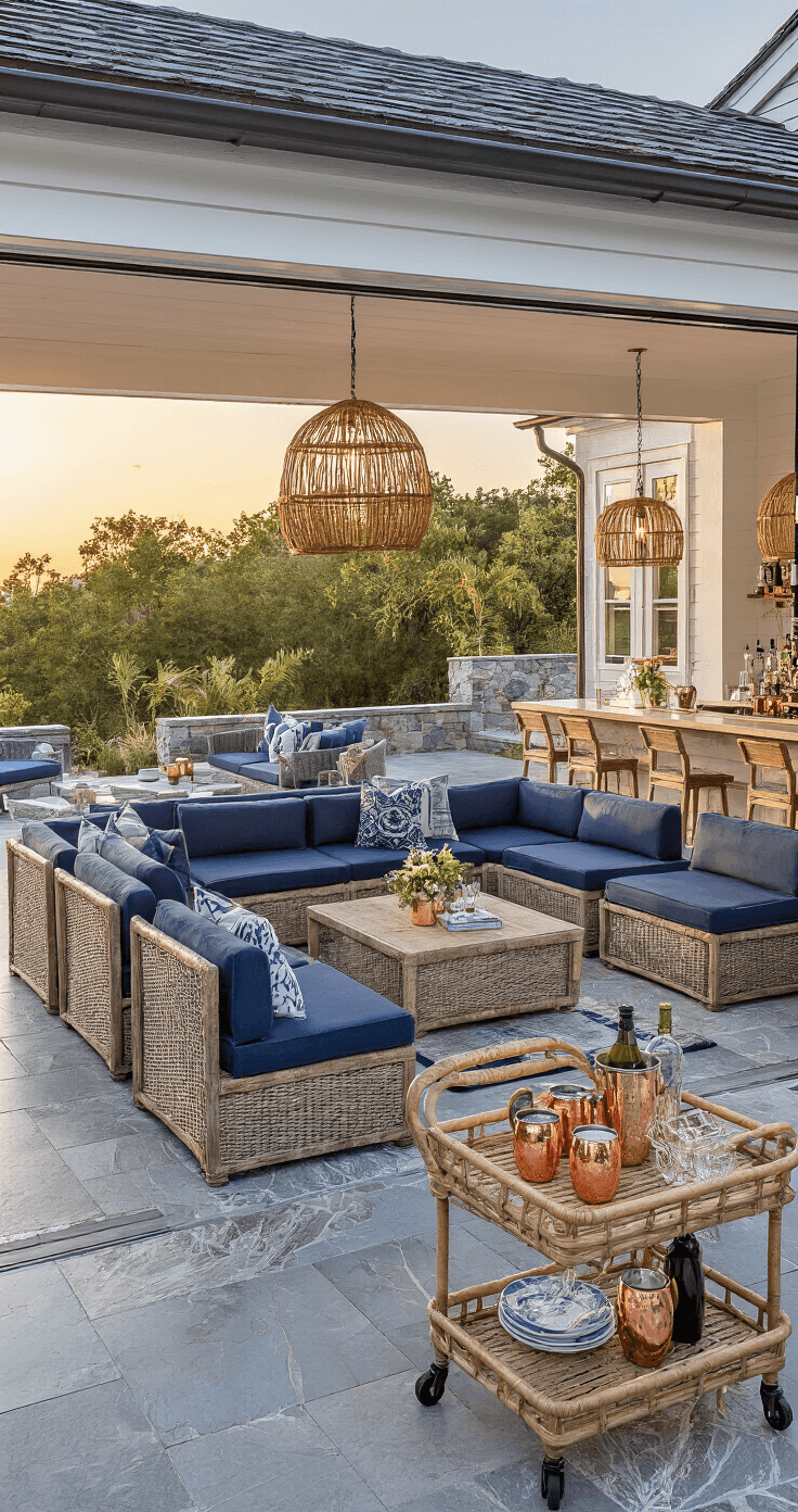 Creating the Perfect Garden Summer House: Your Ultimate Guide to Outdoor Bliss Outdoor summer party pavilion at sunset with bifold glass doors open to a stone patio, featuring modular navy seating, suspended rattan lights, a bar cart with copper mugs, and a coastal-inspired color scheme.