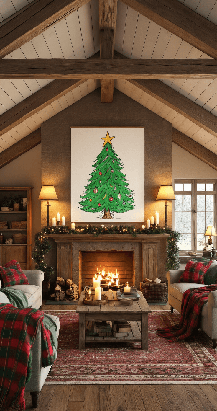Christmas Tree Drawing Decor: A Festive DIY Project Cozy living room with vaulted ceilings, featuring a whimsical hand-drawn Christmas tree artwork above a vintage sideboard, warm ambient lighting, plush sofas, and festive decor in deep greens and rich reds.