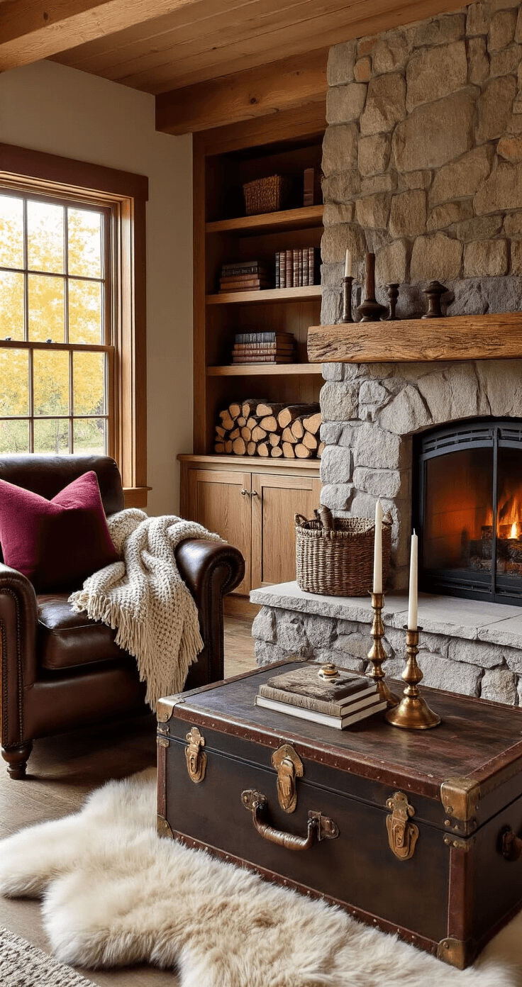 Creating the Perfect Garden Summer House: Your Ultimate Guide to Outdoor Bliss Cozy autumn retreat interior featuring a stone fireplace, built-in shelving, oversized leather chair with knit throw, sheepskin rug, and a vintage trunk coffee table, adorned with brass candlesticks in rich burgundy, amber, chocolate, and cream colors, captured with warm lighting and a shallow depth of field.