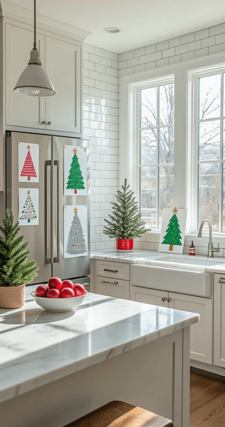 Christmas Tree Drawing Decor: A Festive DIY Project A modern kitchen featuring a white subway tile backsplash and marble countertops, illuminated by natural light. The refrigerator displays hand-drawn Christmas tree artworks with colorful magnets. A kitchen island holds a bowl of red apples and a small rosemary tree, set in a festive color palette of whites, stainless steel, red, and green.