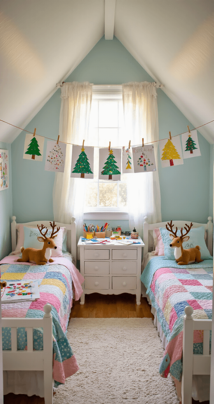 Christmas Tree Drawing Decor: A Festive DIY Project A cozy children's bedroom with sloped ceilings, a dormer window, and warm golden hour light. A clothesline displays colorful hand-drawn Christmas tree artworks, while twin beds with quilted covers and stuffed reindeer are visible. The soft pastel color palette enhances the whimsical atmosphere.