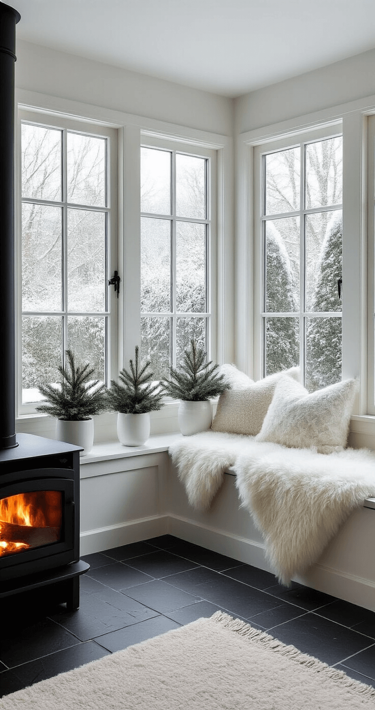 Creating the Perfect Garden Summer House: Your Ultimate Guide to Outdoor Bliss A cozy winter garden room featuring a Scandinavian wood-burning stove, sheepskin-covered bench seating, and panoramic garden views, captured during a snow flurry with soft gray and white decor accents.