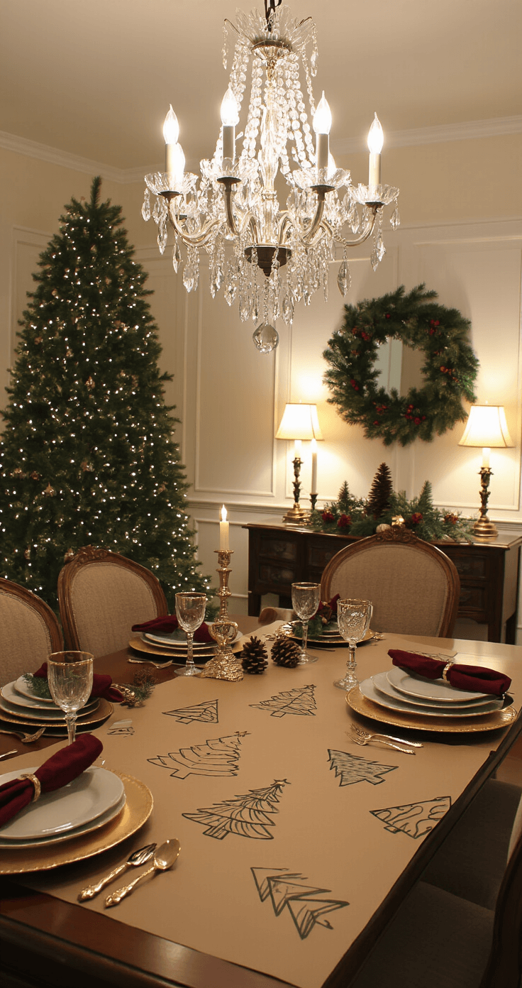 Christmas Tree Drawing Decor: A Festive DIY Project An elegantly decorated dining room featuring a holiday table setting with a kraft paper runner adorned with hand-drawn Christmas trees, real pine cones, and holly. The setting includes gold chargers, cream plates, and burgundy napkins, under the soft glow of a crystal chandelier and candlelight, with a Norfolk pine decorated nearby.
