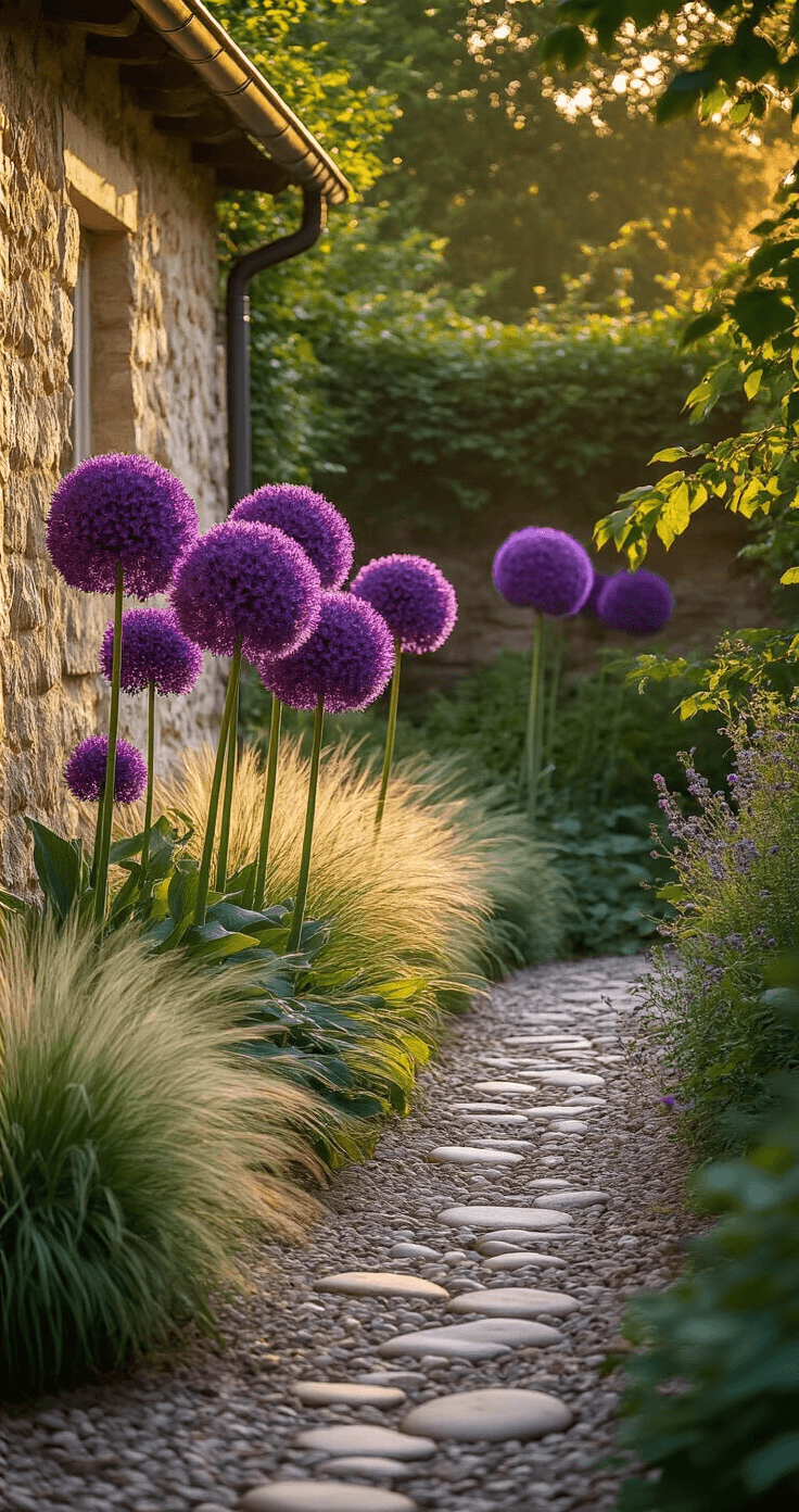 Alliums: The Stunning Garden Decor That Will Transform Your Outdoor Space A sunlit cottage garden at golden hour featuring towering purple allium globes against a weathered stone wall, with soft ornamental grasses in the foreground and a meandering stone pathway, all enhanced by ethereal backlighting and a delicate evening mist.