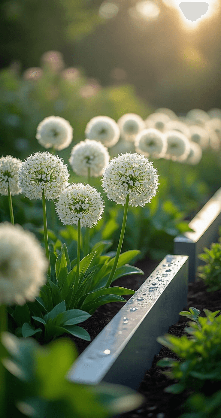 Alliums: The Stunning Garden Decor That Will Transform Your Outdoor Space A low-angle view of an early morning garden featuring crisp white alliums rising from dark green foliage, with dewdrops sparkling in the soft light. Geometric metal borders outline the garden beds, while the cool directional lighting casts long shadows, highlighting the bright whites and emerald greens against a morning sky blue backdrop. Macro details of water droplets are visible.