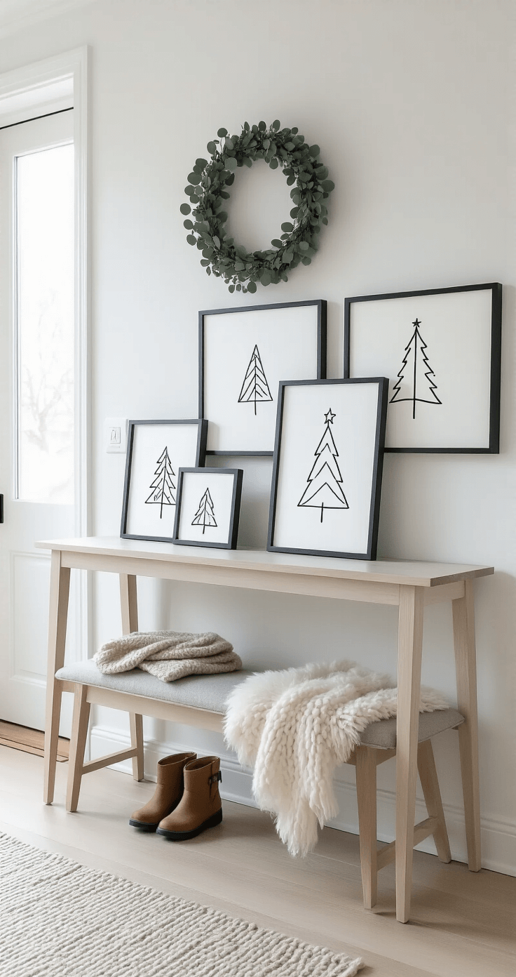 Christmas Tree Drawing Decor: A Festive DIY Project A bright Scandinavian-inspired entryway featuring pale wooden floors, white walls, and natural light. A sleek console table displays hand-drawn Christmas tree artworks in varied black frames, complemented by a round mirror and a eucalyptus wreath. A cozy bench with a sheepskin throw and snow boots add warmth to the minimalist design.
